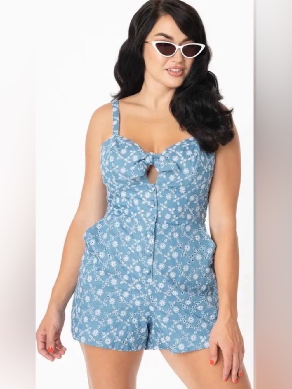 Unique Vintage Blue Floral Tie-Front Romper